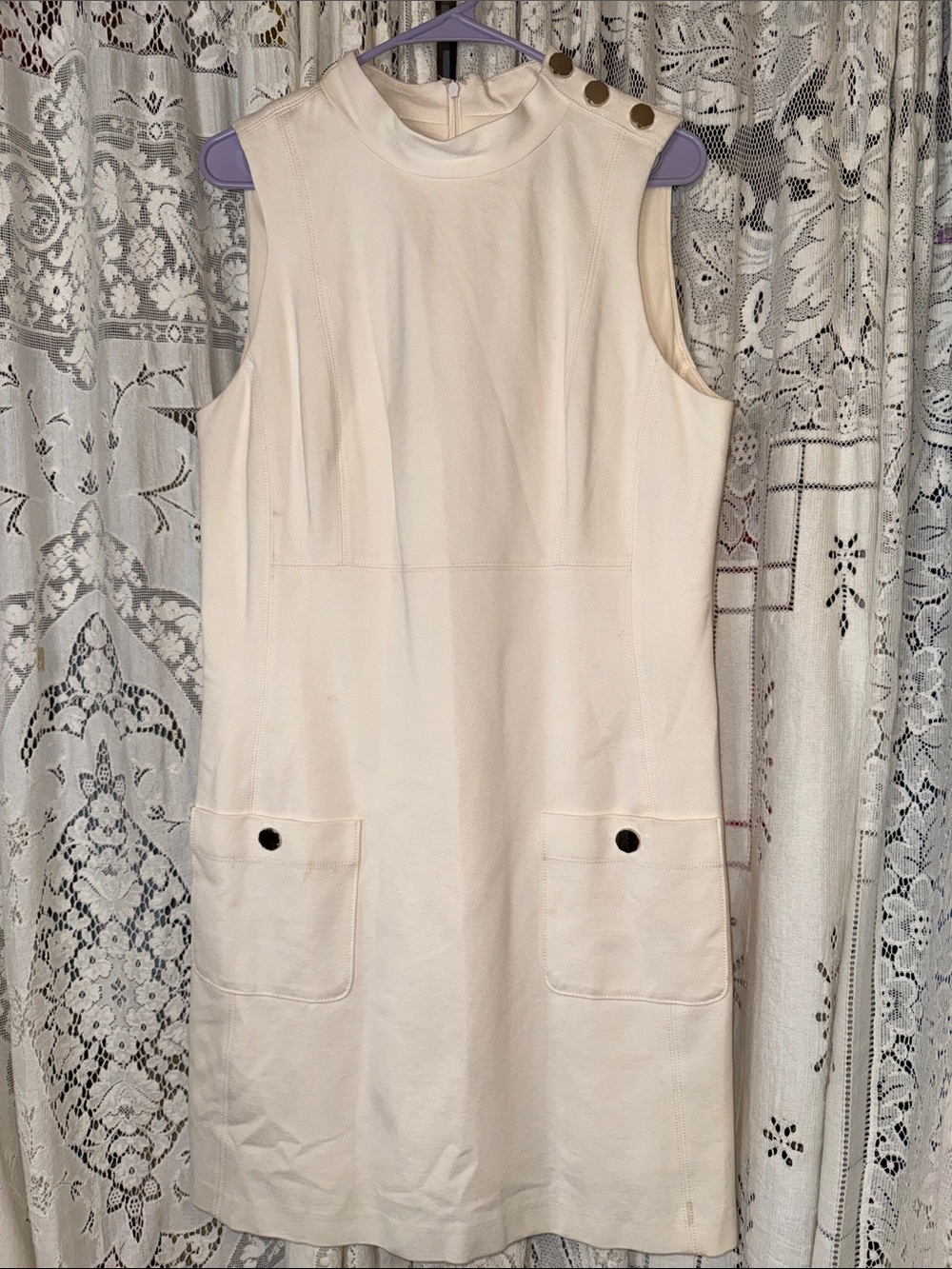 White House Black Market Cream Sleeveless Shift Dress with Button‎ Shoulder
